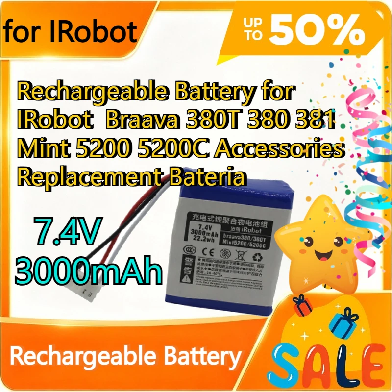 7.4V 3000mAh Battery Rechargeable Battery for IRobot  Braava 380T 380 381 Mint 5200 5200C Accessories Replacement Bateria