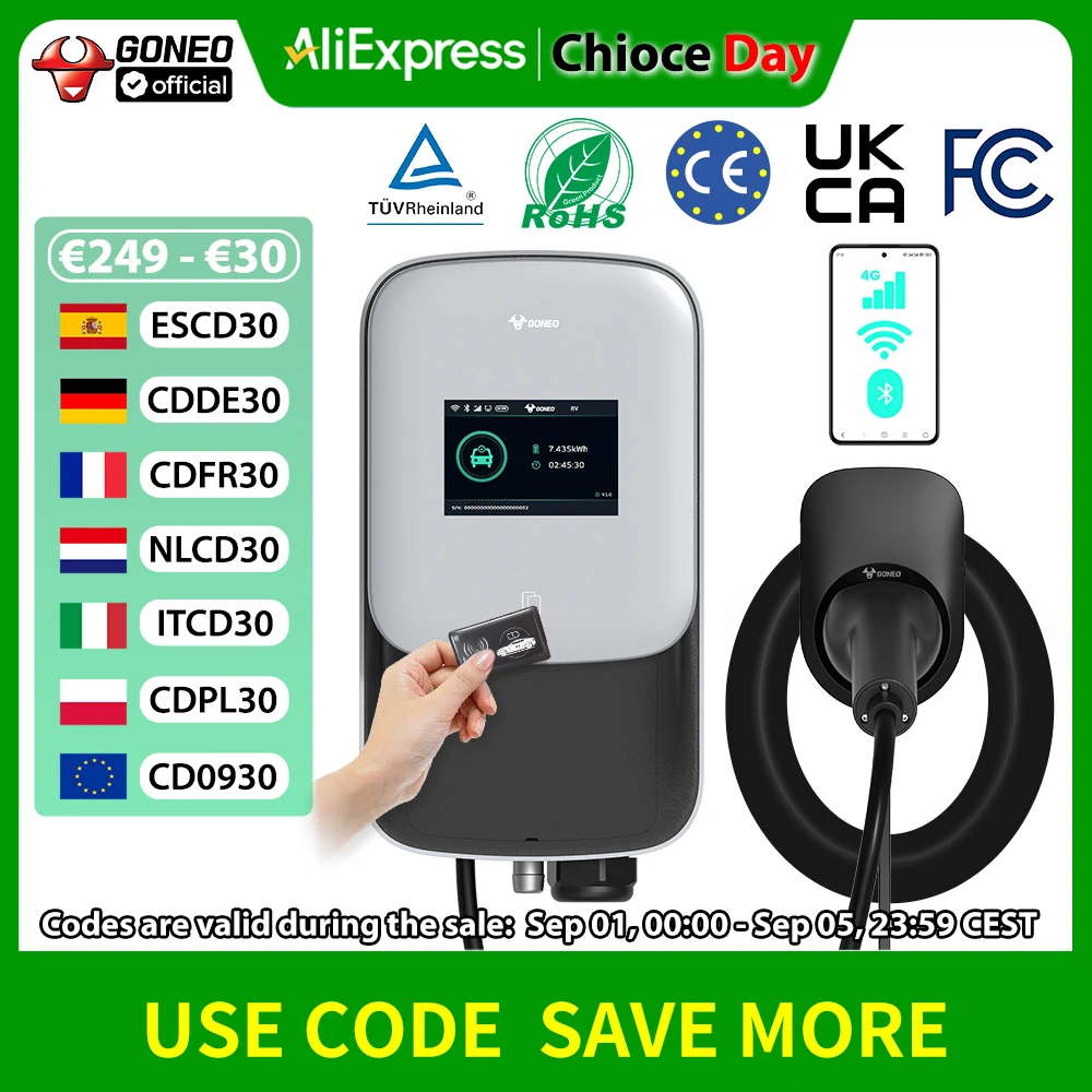 صندوق حائط لمحطة شحن GONEO EV PHEV للمنزل، مع كابل شحن من النوع 2 بطول 5 أمتار، وبطاقة RFID للتحكم في تطبيق WiFi 4G IP65 IK10