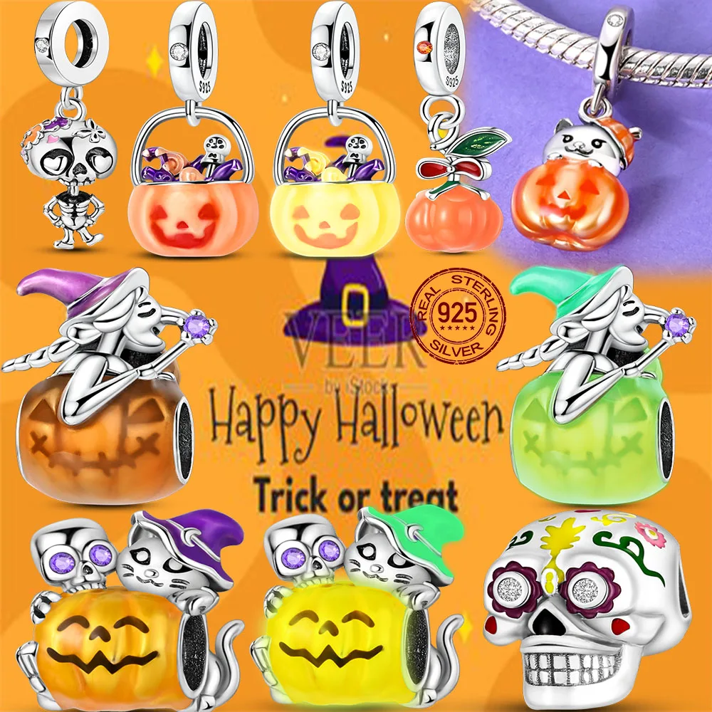 

Halloween New 925 Silver Glowing Witch Pumpkin Skull Head Witch Charms Beads Fit Original Bracelet For Women Jewelry Making