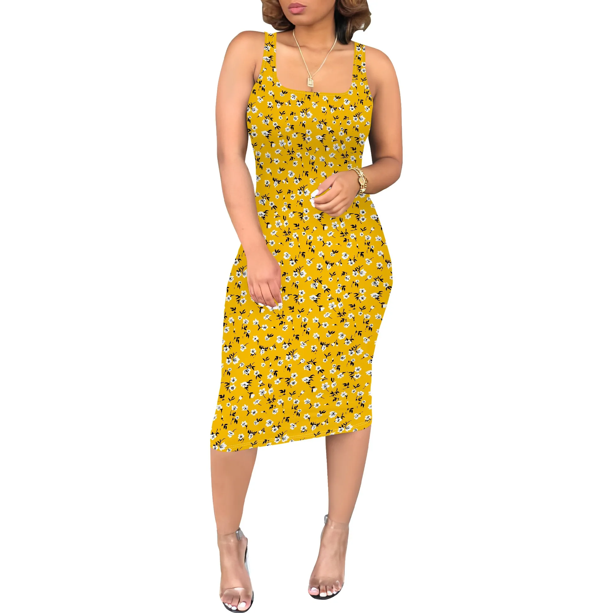 

Halter Neck Sexy Dress for Women, Sleeveless Bodycon Summer Style with Square collar, Midi Length