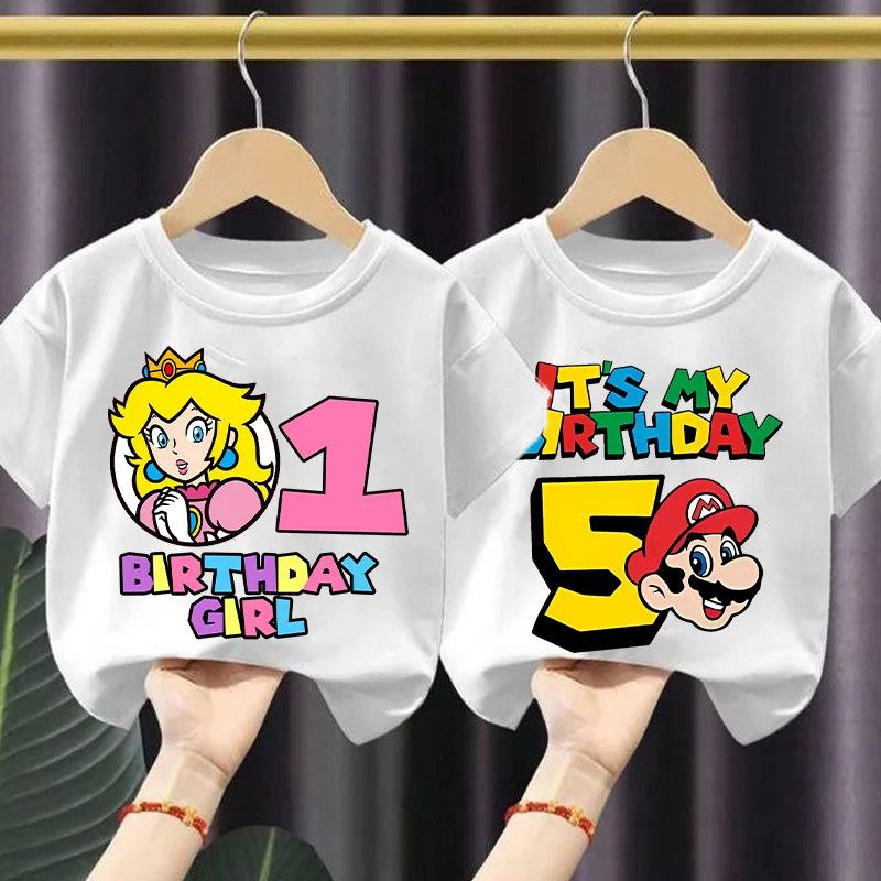 

Футболка на день рождения Super Marios для мальчиков, белые рубашки с короткими рукавами для девочек, летние повседневные детские топы, милая детская одежда с героями мультфильмов