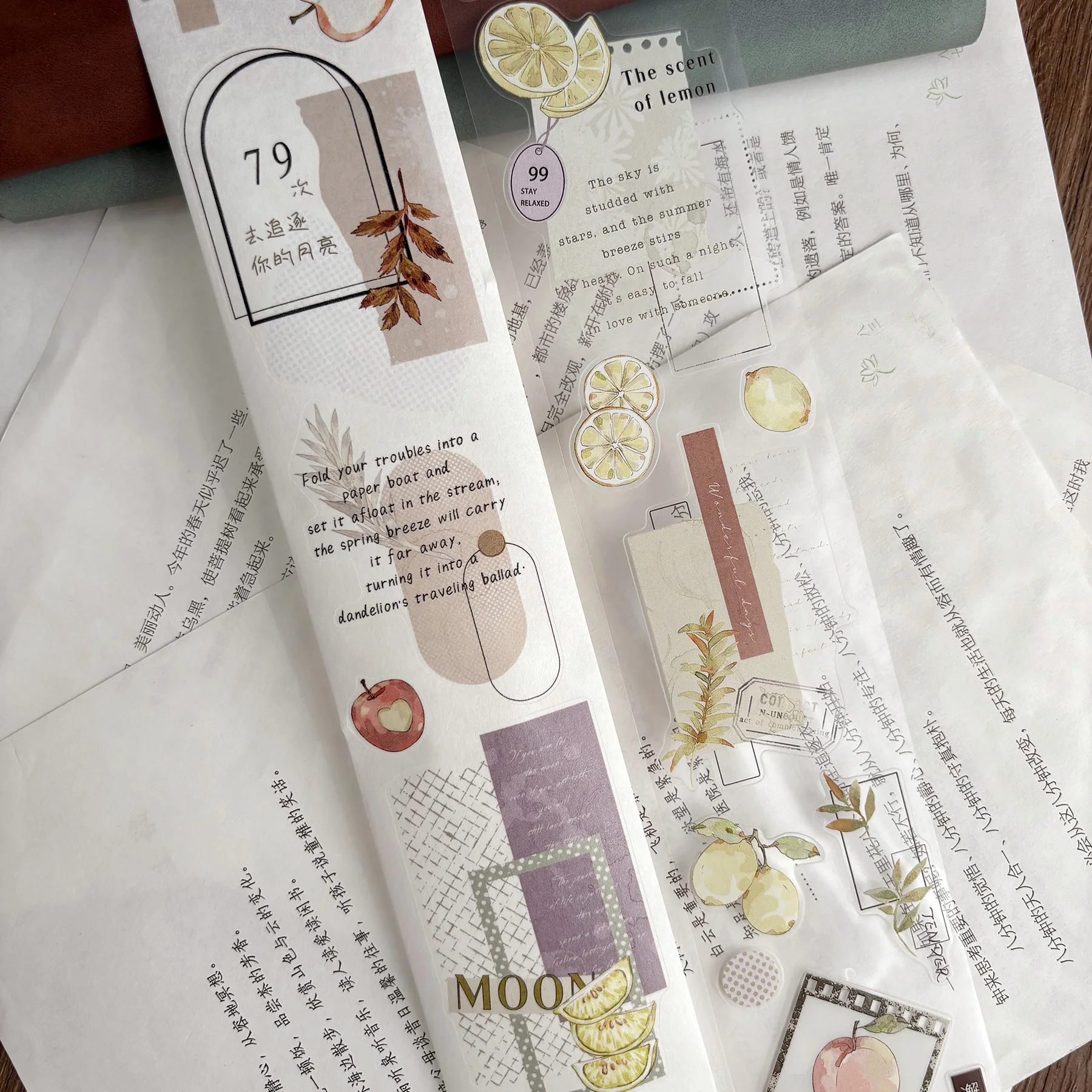 ZYS Journal Washi Tape And Paper Die-Cut English Chinese Characters Small Decorative Base Stickers Flower Morning Moon Evening