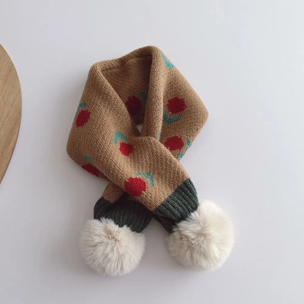 Jacquard Pattern Children Knitted Scarf Flower Print Pompon Winter Neckerchief Windproof Warm Neck Cover Boys Anti-Cold Scarf