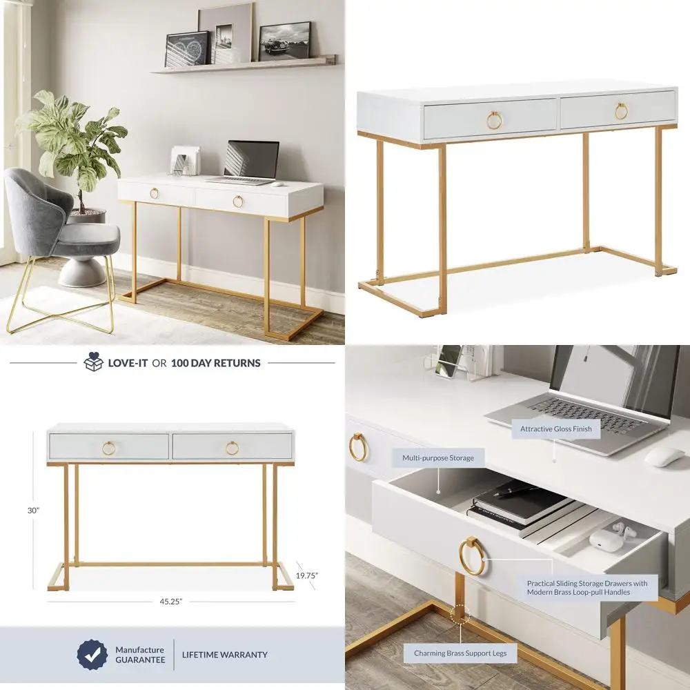 

Modern 45 Vanity Desk with 2 Drawers, Gold Metal Frame, White Laptop Study Writing Table