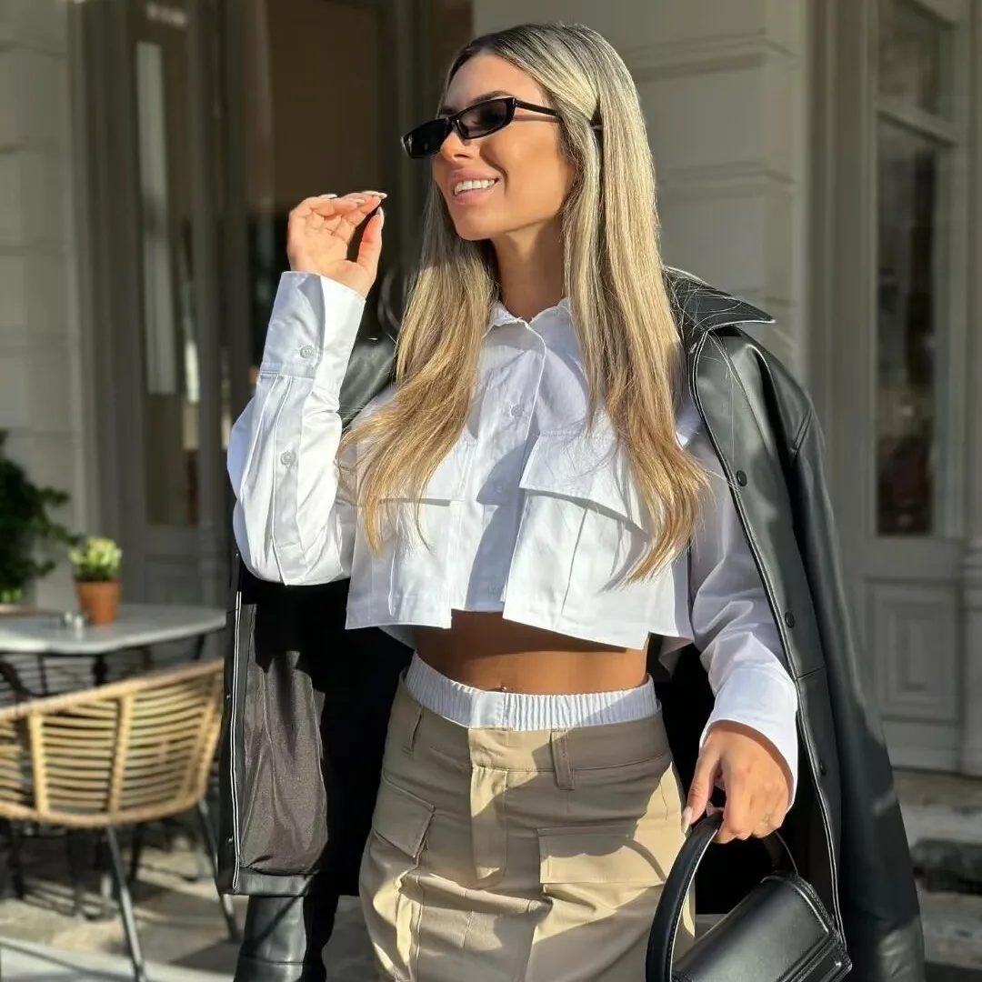 

Womens Top Spring New Collection Simple and Versatile Solid Color Pocket Short Shirt Casual Daily Elegant Wear