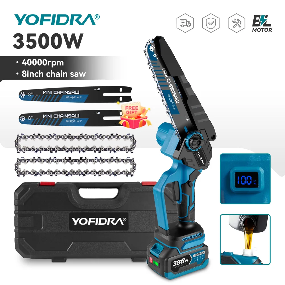 YOFIDRA 8 Zoll Bürstenlose Elektrische Kettensäge 3500 W Handheld Holzbearbeitung Beschneiden Kettensäge Cutter Power Tool Für Makita Batterie pin