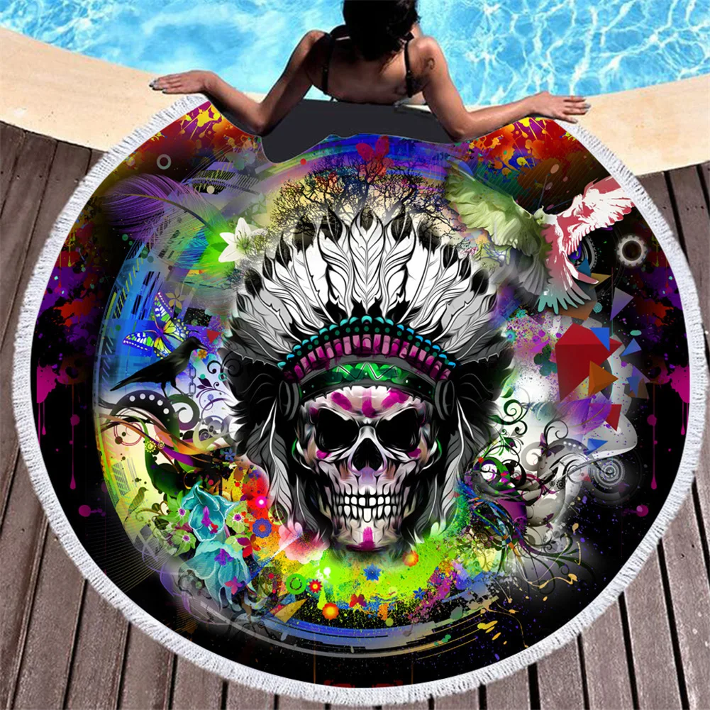 Beach thick round 3d sugar skull printed beach towel fabric quick dry towel compression towel tapestry yoga mat