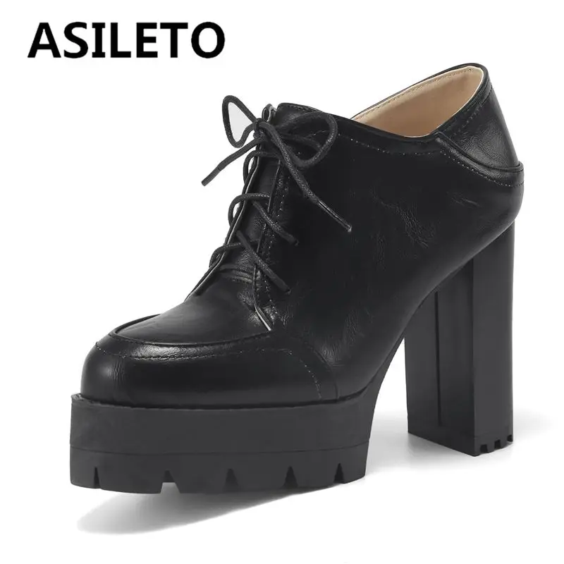 

ASILETO 2025 Fashion Sexy Women Pumps Round Toe Block High Heels Platform Lace Up Vintage Dating Party Shoes Big Size 41 42 43
