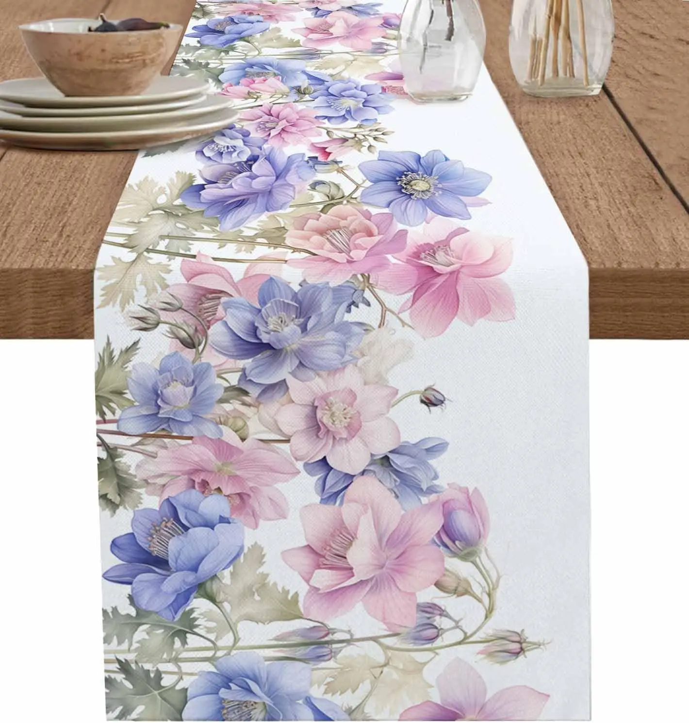 Spring Pink Blue Flowers Linen Table Runner Dresser Scarf Decor Summer Floral Botanical Table Runners Holiday Wdding Party Decor