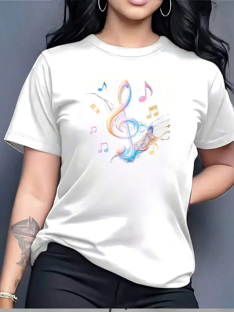 Women's Soft Comfortable Crew Neck T-Shirt, Music Fairy Graphic Print, Family Matching Outfits, Perfect Gift For Christmas, Office Parties & Holiday Gatherings