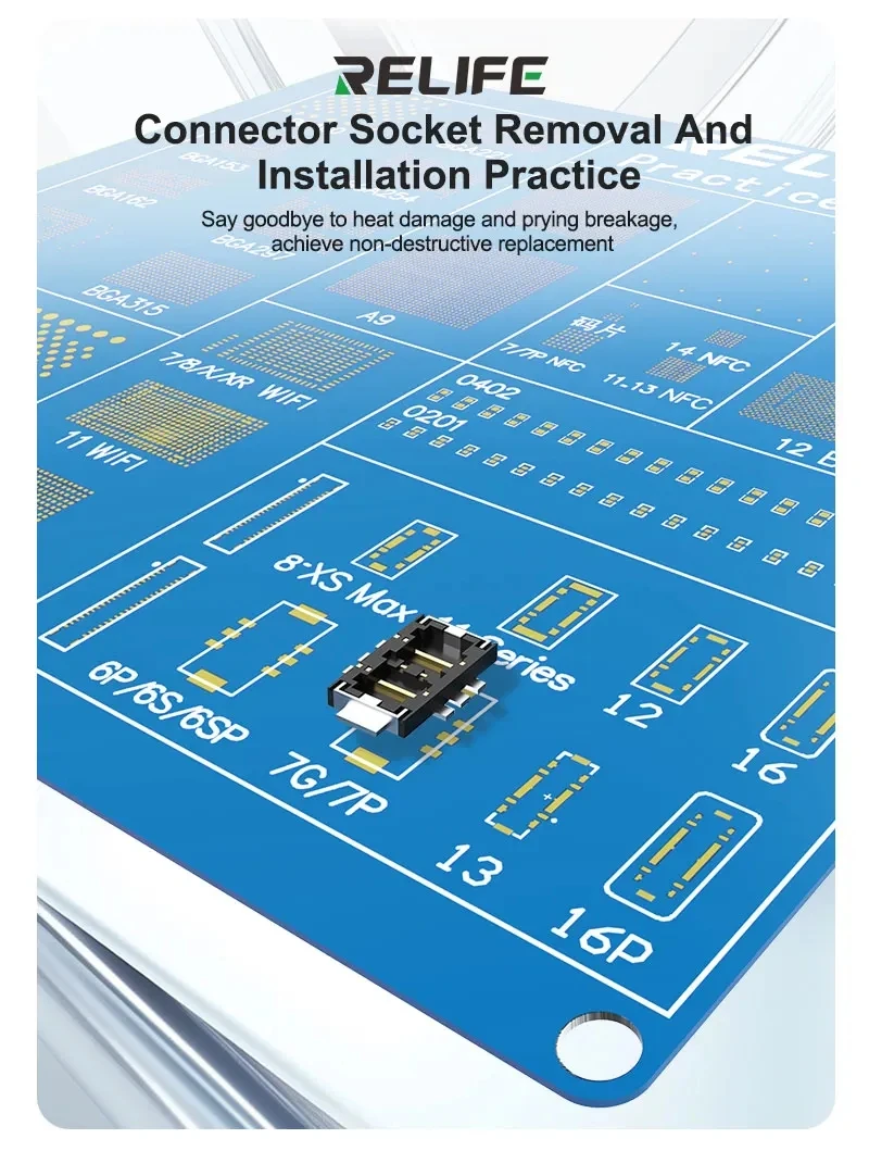 Płytka treningowa do lutowania RELIFE RL-044R do naprawy iPhone'a, zestaw do nauki układów BGA i gniazd złącza, obsługuje całą serię IP17