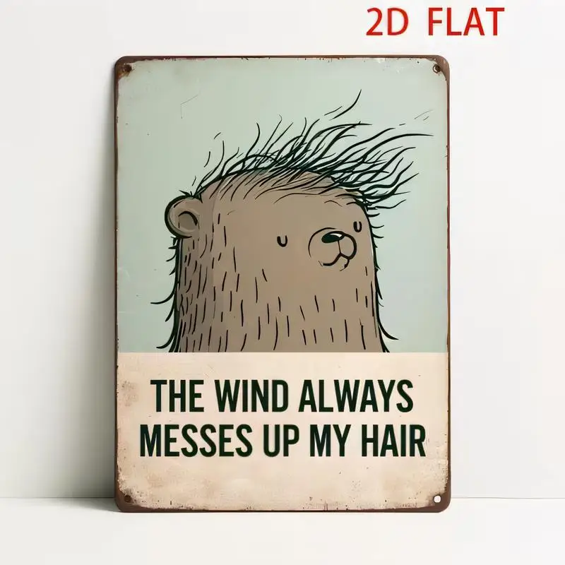 2D Flat Cute Bear Wind Messes My Hair Vintage Metal Tin Sign - Retro Wall Art, Iron, Perfect for Home/Bar/Cafe Decor, Fun Animal