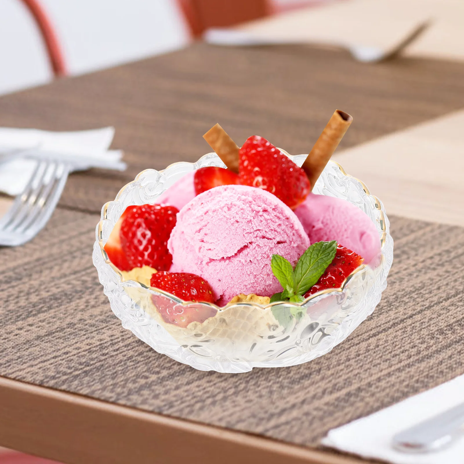 

Multipurpose Glass Bowl Clear Transparent with Embossed Detail Perfect for Dessert Fruit Salad Snack Serving Household Kitchen