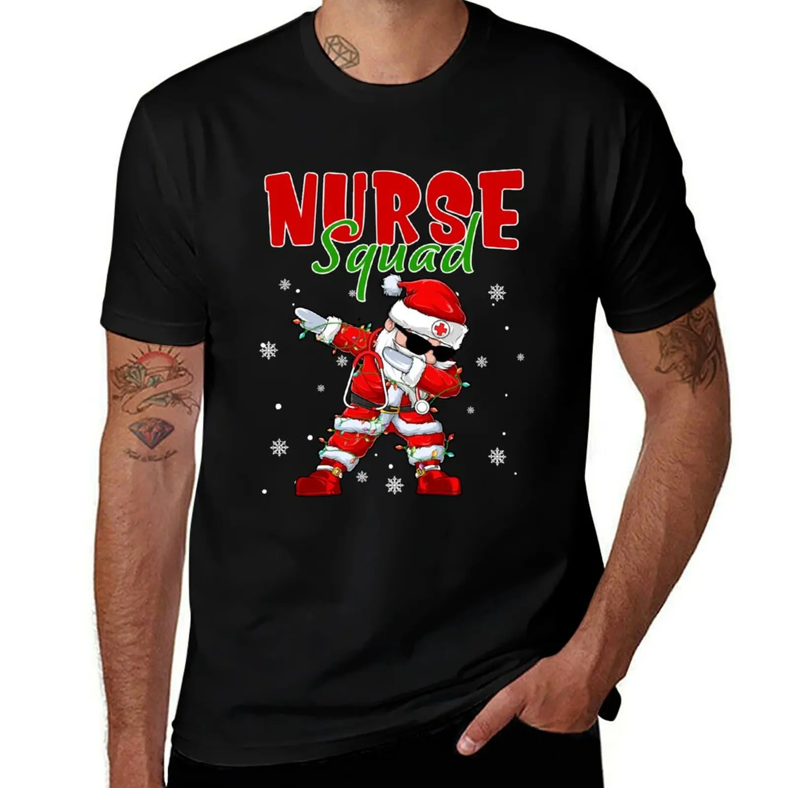 Merry Xmas With Dabbing Santa Christmas Lights Nurse Squad Scrub Tops T-Shirt Minimalist Casual Short Sleeve Top T-Shirt