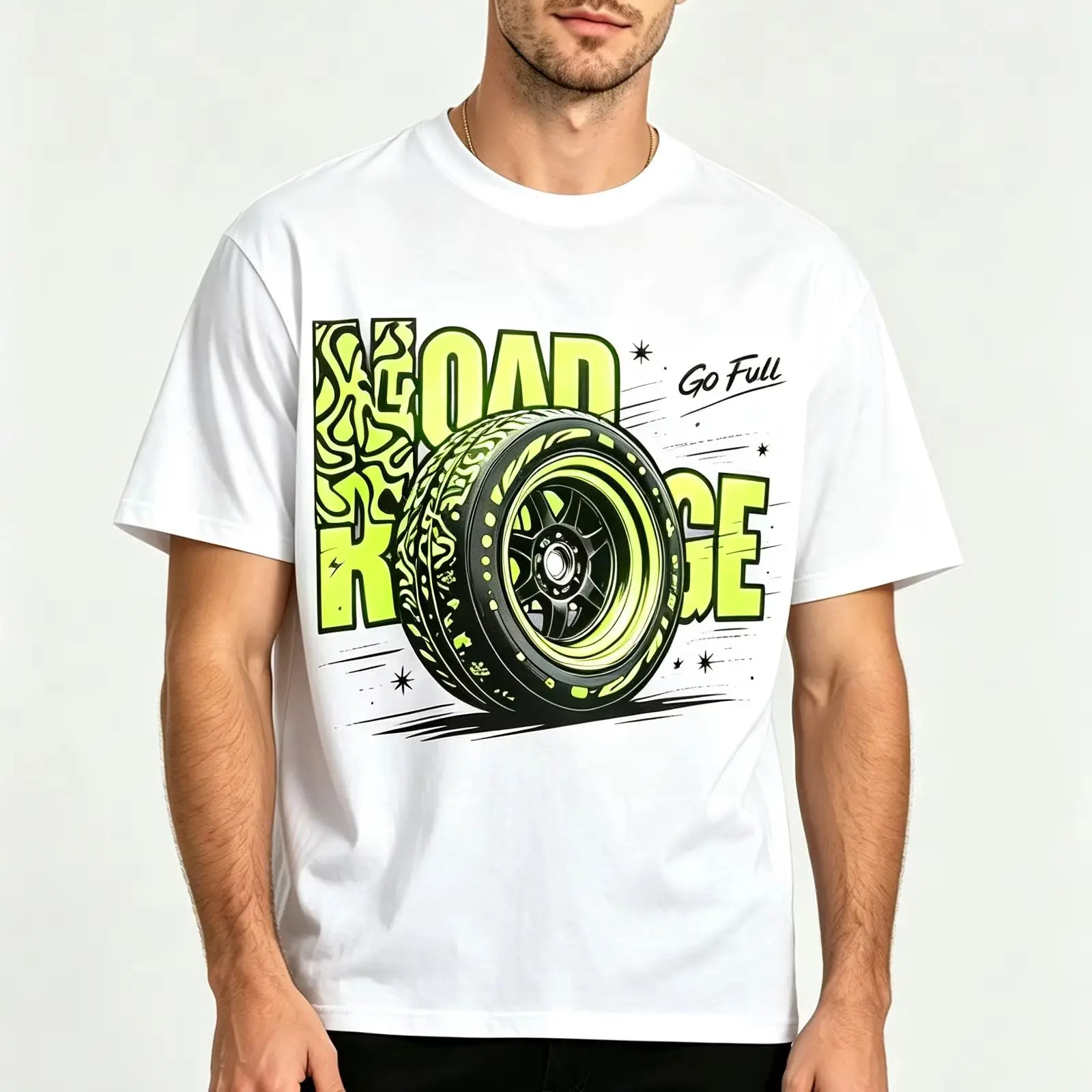 Go Full Road Rage Drift Wheel Graphic T Shirt Neon Green Car Tuning Street Racing Bold Print Short Sleeve Tee