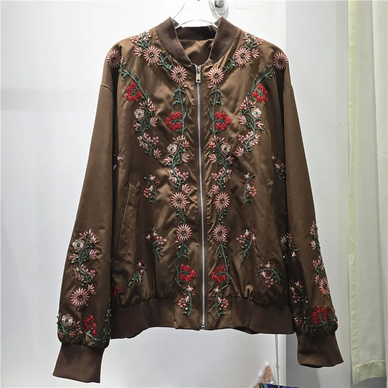 2026 New Autumn All-match Stand Collar Women Baseball Jacket Vintage Zip Long Sleeve Outerwear Embroidery Floral Casual Coats
