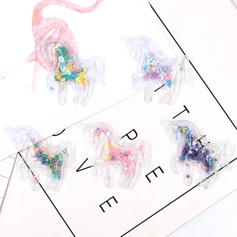 Clear Quicksand Unicorn Resin Cabochons, Confetti Horse Charms for DIY Hairclip Phone Case Crafts