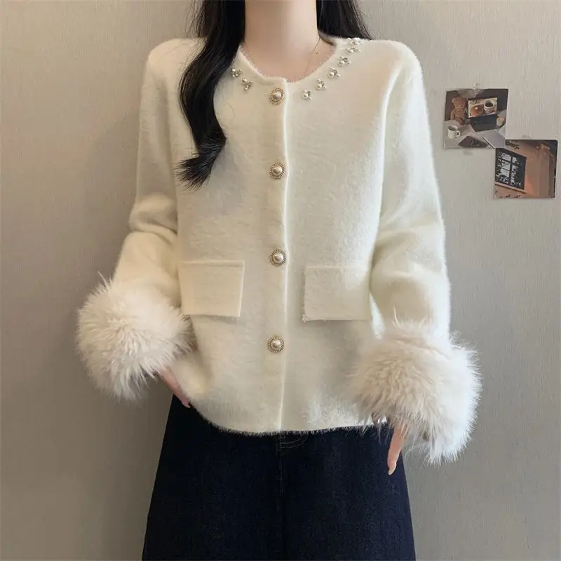 2026 Exquisite Beaded Imitation Mink Cardigan New Autumn Winter Women Knitted Cardigan Tops Korean Style Elegant Jacket Coat