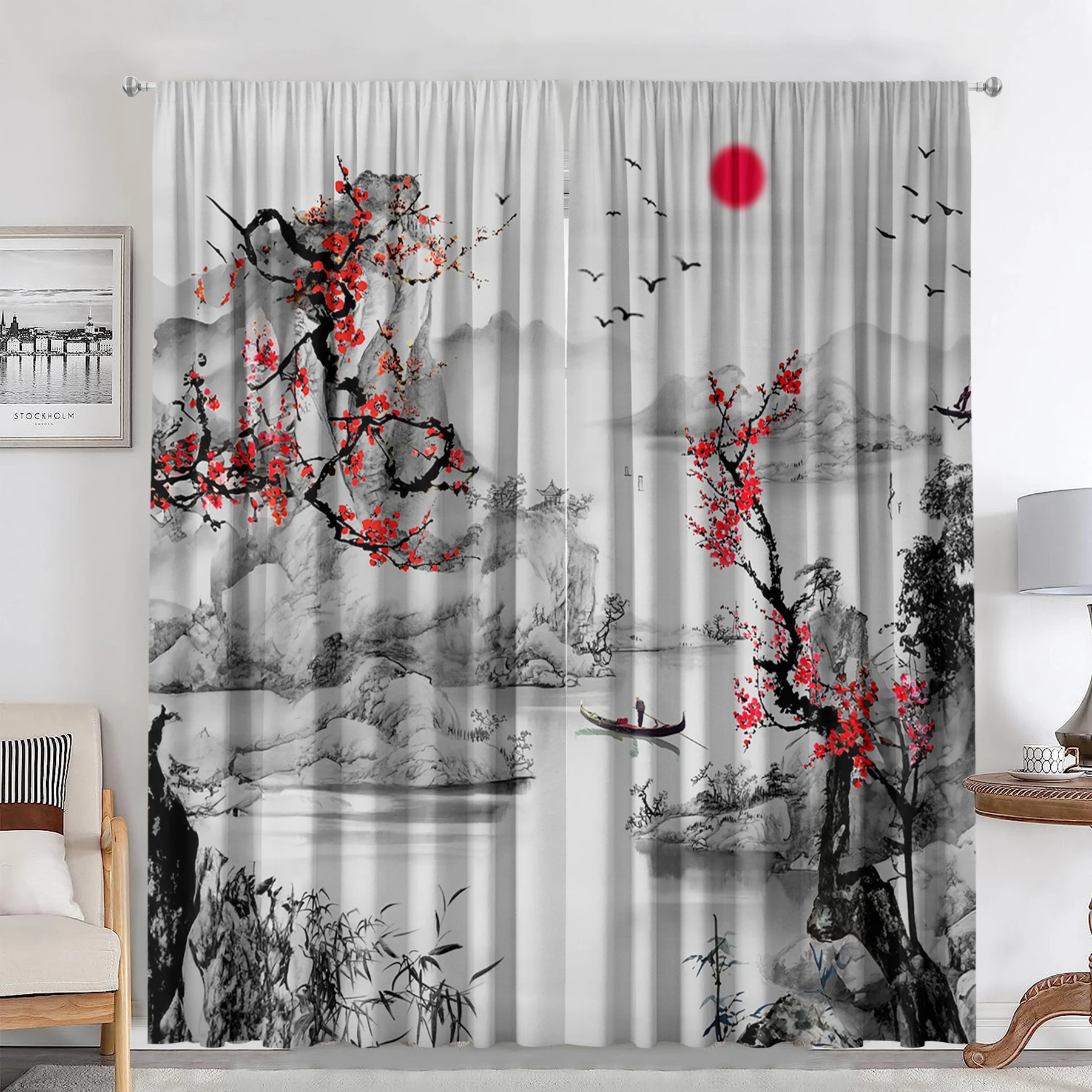 2PC Home Decoration Curtains, Snow Seeking Plum Blossom With Pole Bag Curtains, Kitchen, Coffee Shop, Living Room, Balcony