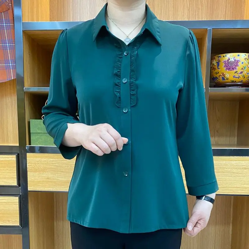 Office Lady Stylish Folds Spliced Shirt 2023 Spring Autumn All-match Solid Color Commute Single-breasted Female Polo-Neck Blouse