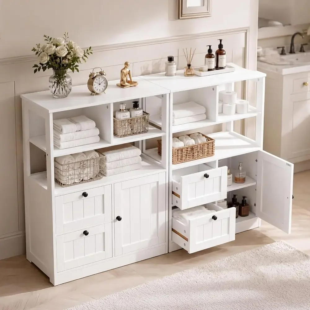 White Wooden Standing Bathroom Cabinet with Door and Adjustable Shelves for Storage in Kitchen or Living Room