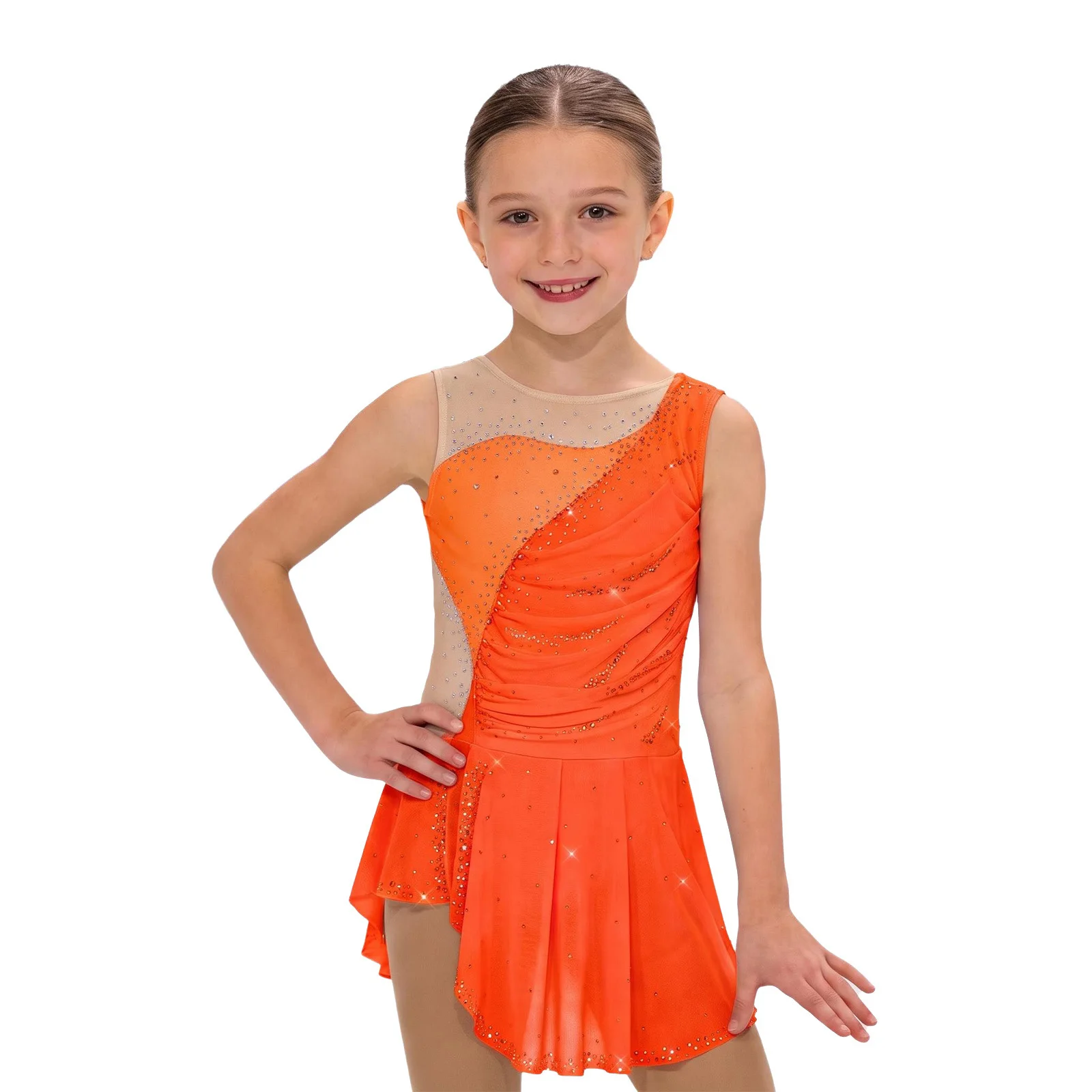 Kinder Mädchen Gymnastik Eiskunstlauf Ballett Tanzkostüm Funkelnde Strasssteine Gerafftes Netzkleid mit Seitenschlitz und Eingebautem Slip – Detail 17