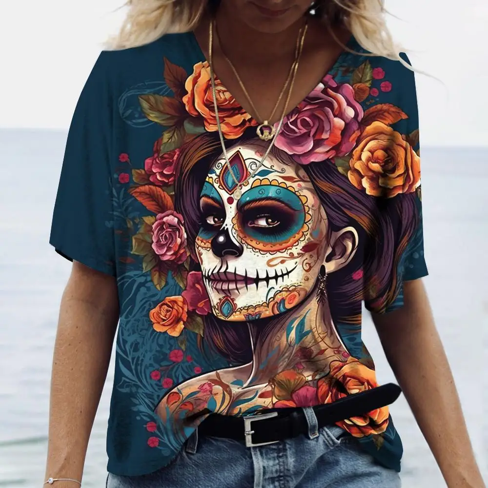 Fashion Woman Blouses 2024 T-shirt Women\'s 3d Clown Print Color Skull V-neck T Shirt Female Clothing Oversized Summer Tops Tees