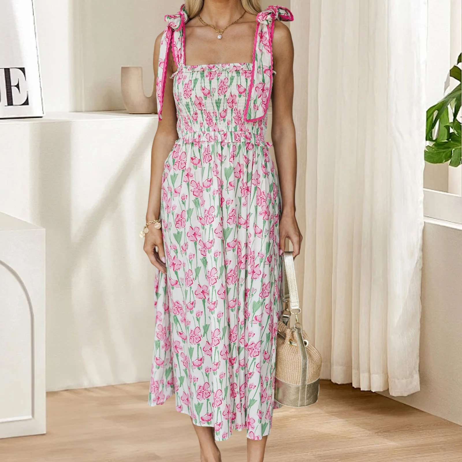 Abito estivo da donna Fairycore Grunge con cravatta floreale con spalle scoperte, collo quadrato smock, senza maniche, senza schienale, abito midi a trapezio