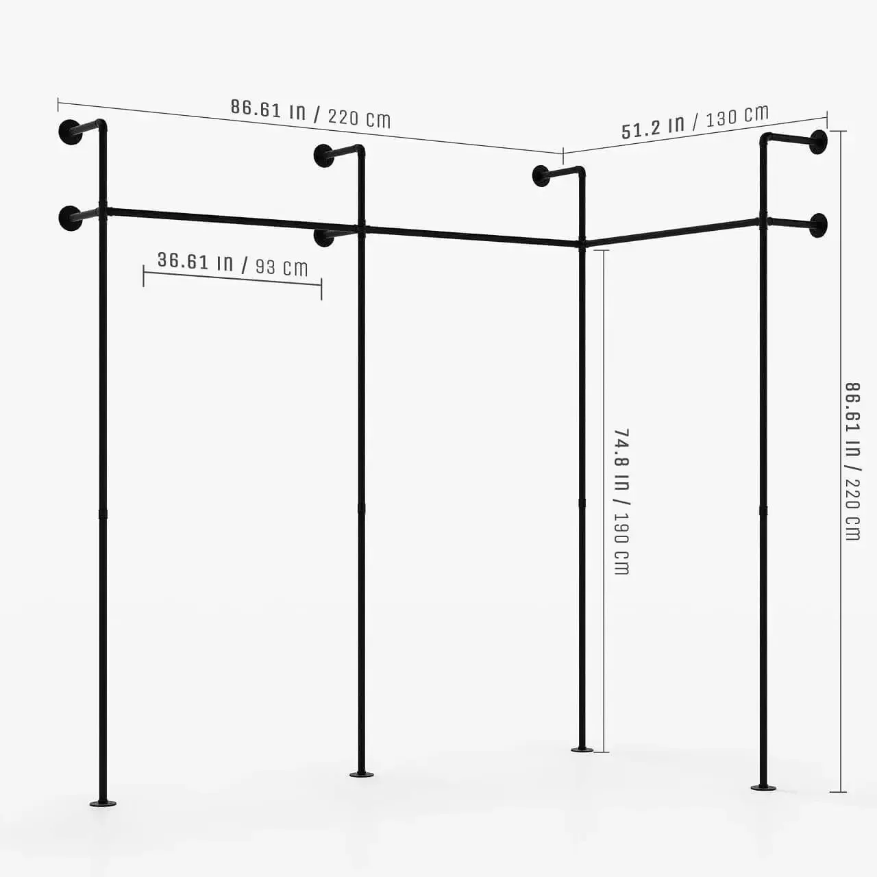 pamo Industrial pipe clothing rack metal black - Wall mounted clothes racks for hanging clothes - Modern walk in closet - KIM II