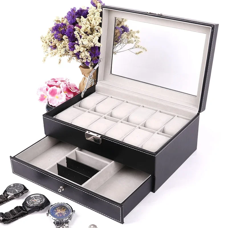 Useful leather Watches Box 12 Grid Slots Jewelry Watches Display Storage Box Square Case Suede Inside Rectangle Watch Holder