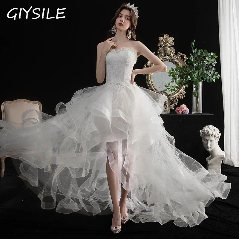 

Short Front and Long Back Light Wedding Dress Princess Fluffy Trailing Cake Skirt Marriage Dress Wedding Dresses for Women