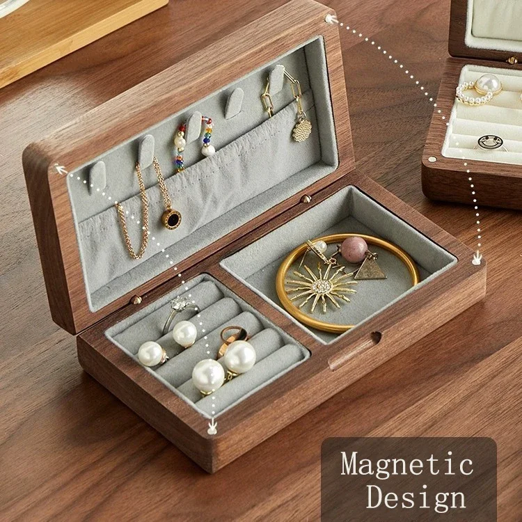 yesHeMu Wood Jewelry Box with Magnetic Closure, Multi-compartment Wooden Organizer for Rings Earrings Necklaces, Velvet Lining