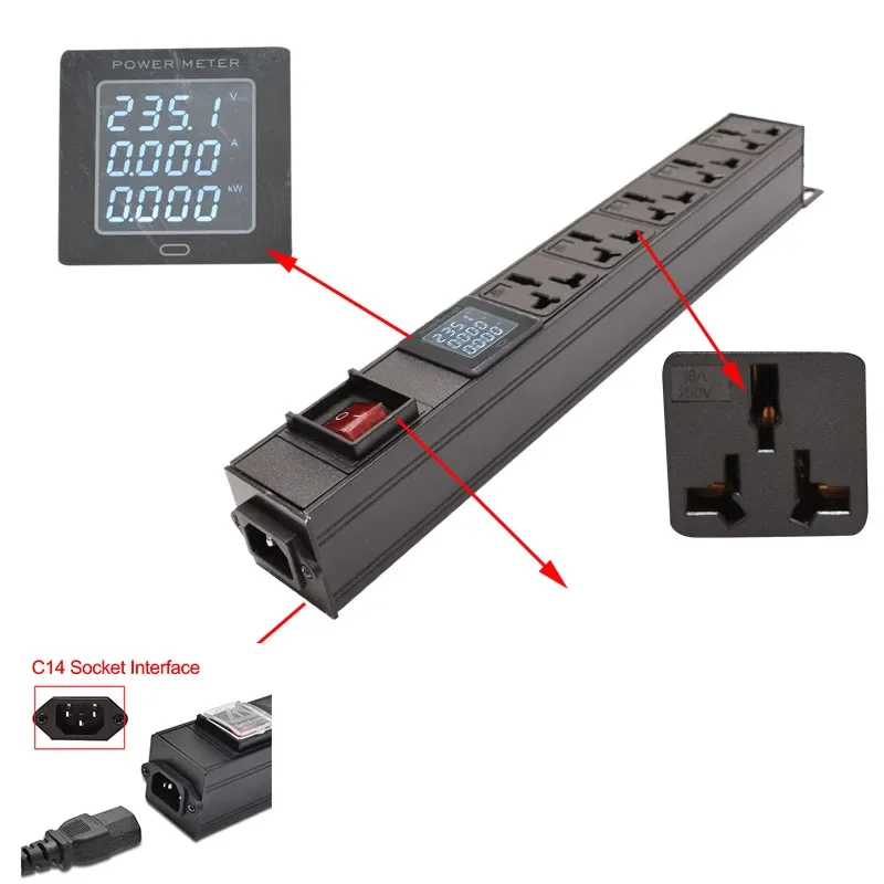 C14 port PDU Power Strip Network Cabinet Rack Distribution 2-10 AC 16A Universal Outlet display ammeter wireless