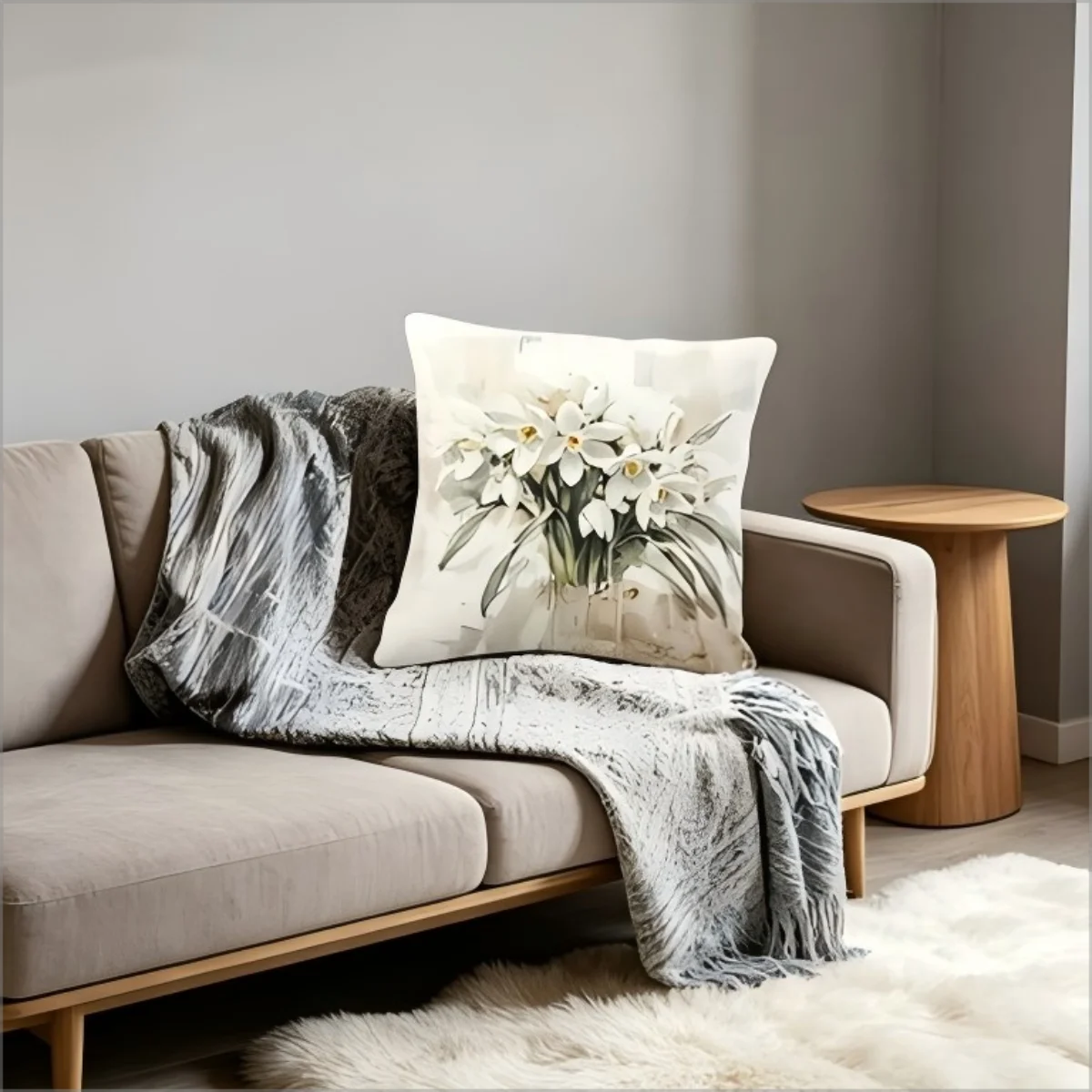 Vintage Watercolor Daffodil Print Throw Pillow Cover, Neutral Floral Botanical Art Decorative Cushion for Farmhouse Decor