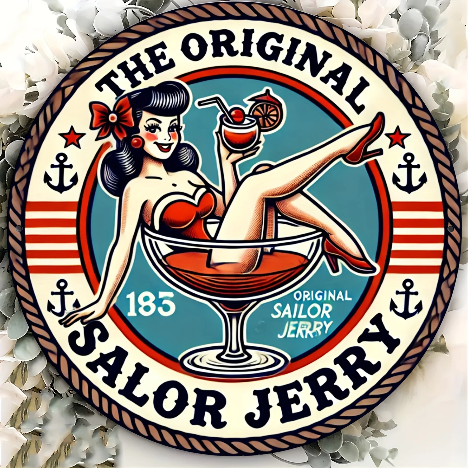 Letrero Redondo de Madera 2D Retro Original de Sailor Jerry, Arte de Pared Estético Vintage Náutico con Pin-up Girl, Decoración de Bar Marítimo, Estilo Shabby Chic