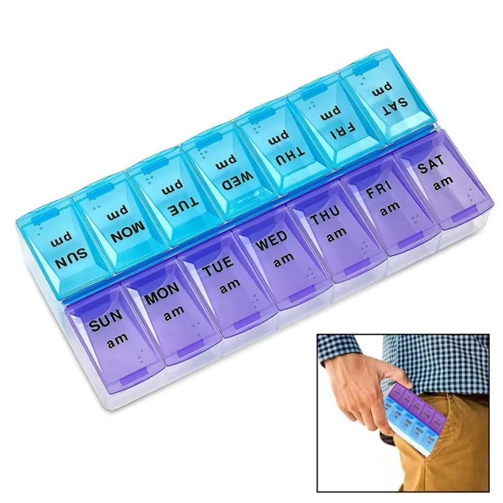 2pcs Plastic 14 Grid Pill Organizer Box Portable Clear Medicine Organizer Lightweight Moisture Proof 7 Days Pill Cases