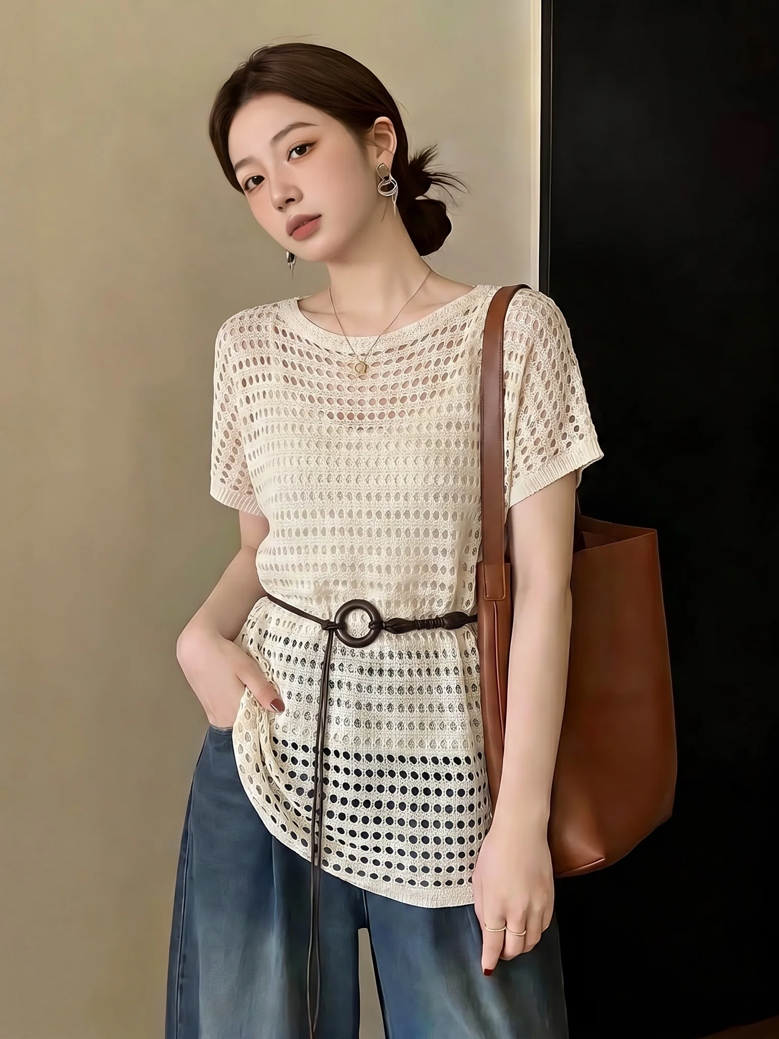 

Women's Hollow out Knitted Tank Top Waist Cinching Summer New plus Size Outerwear Two Piece Set Breathable Casual Fashion