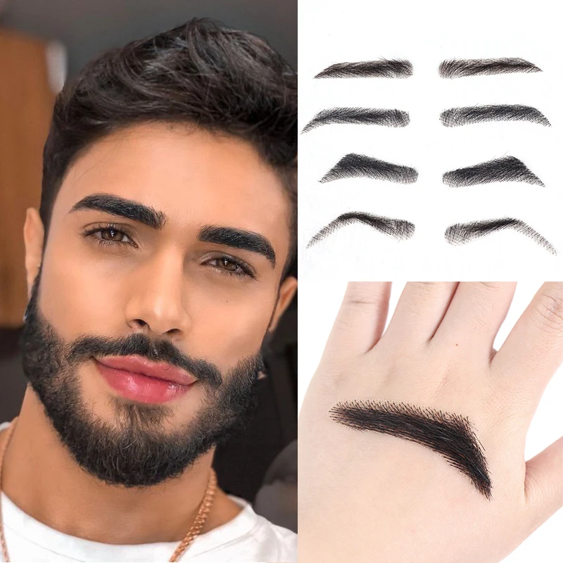 Natural Black Fake Eyebrows For Man Invisible Lace Base 100% Human Hair Handtied Brown Thick Style Neatly Eyebrows