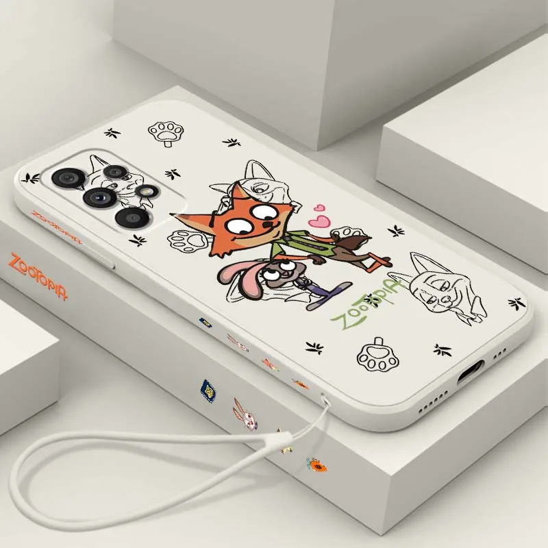 Disney Anime Zootopia Phone Case For Samsung A71 A72 A73 A51 A52 A53 A54 A55 A21s A35 A34 A32 A03 5G Liquid Left Rope