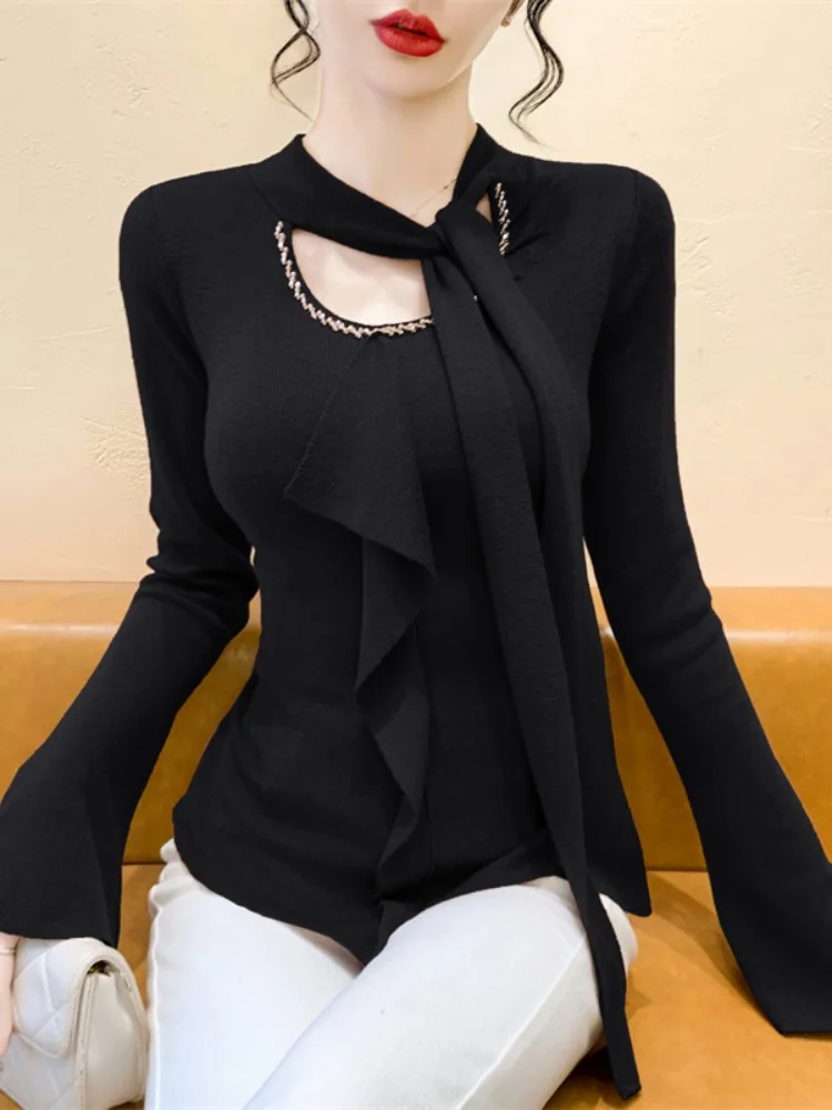 Ele redondo ne longo sve blusa de malha feminina moda primavera outono pérola grânulo embelezado blusa commute sle