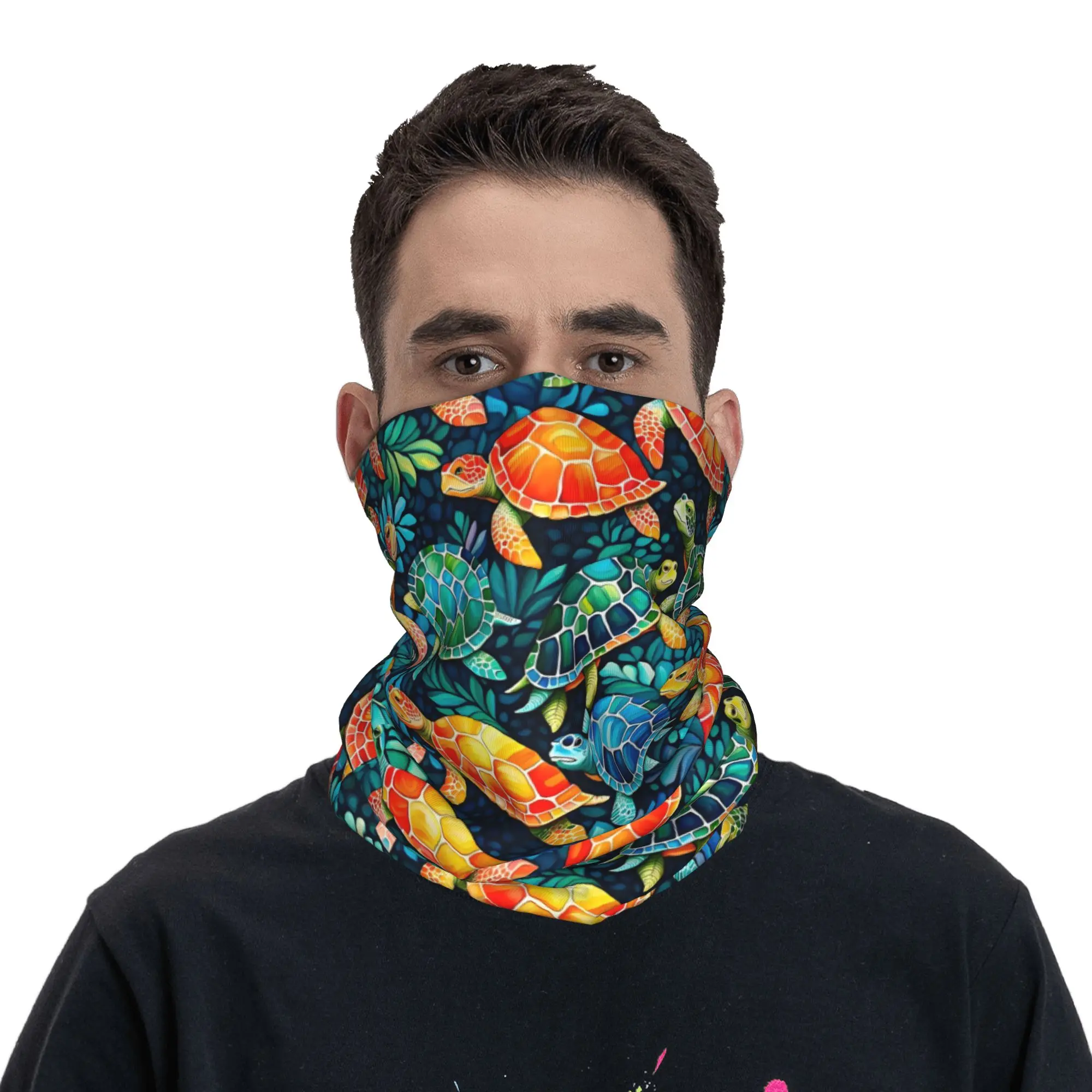 Custom Funny Colorful Sea Turtle  Neck Gaiter Women Men UV Protection Winter  Bandana Scarf for Cycling - view 4