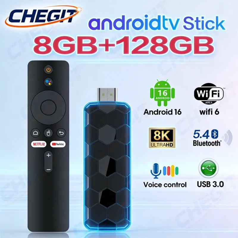 R3+ Android 16 TV Stick 8K Video Support Dual Band WiFi6 Bluetooth5.4 Voice Remote for Netflix YouTube Fast Streaming TV Box