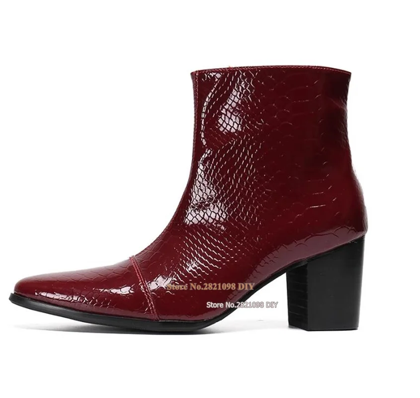 

8Cm Heeled Red Snakeskin Patent Leather High Heel Men's Boots Height Increased Comfortable Roma Short Boots Plus Size 48