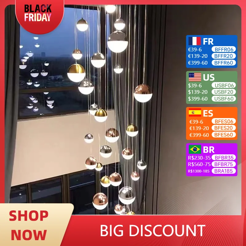 Modern Crystal Ball LED Chandelier For Staircase Minimalism Round Stair Hanging Lamp Simple Design Indoor Attic Lighting Fixture