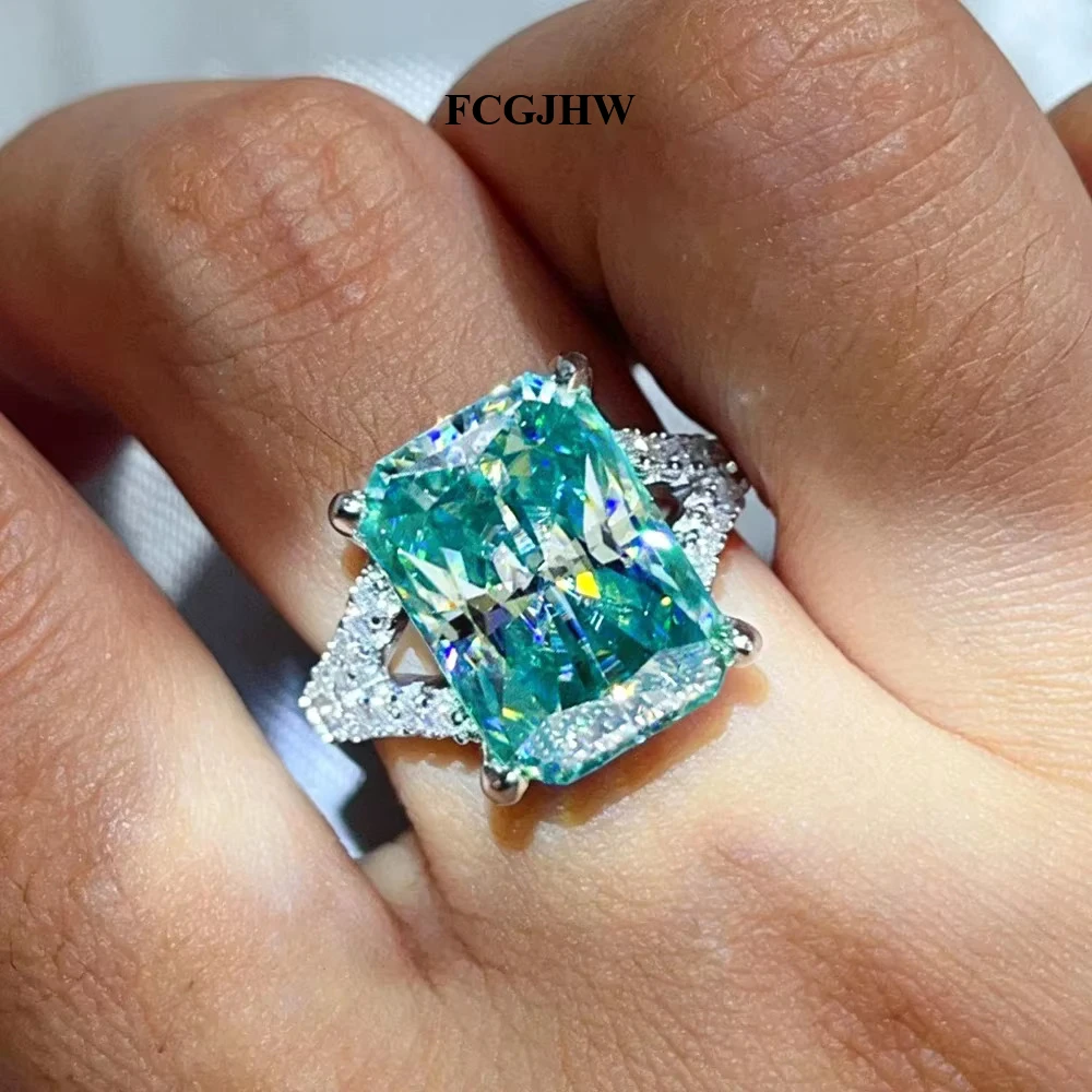 FCGJHW 10CT Radiant Aqua Blue Moissanite Rings S925 Sterling Silver Pave Split‑Shank Diamond Band For Women Men Jewelry 2026
