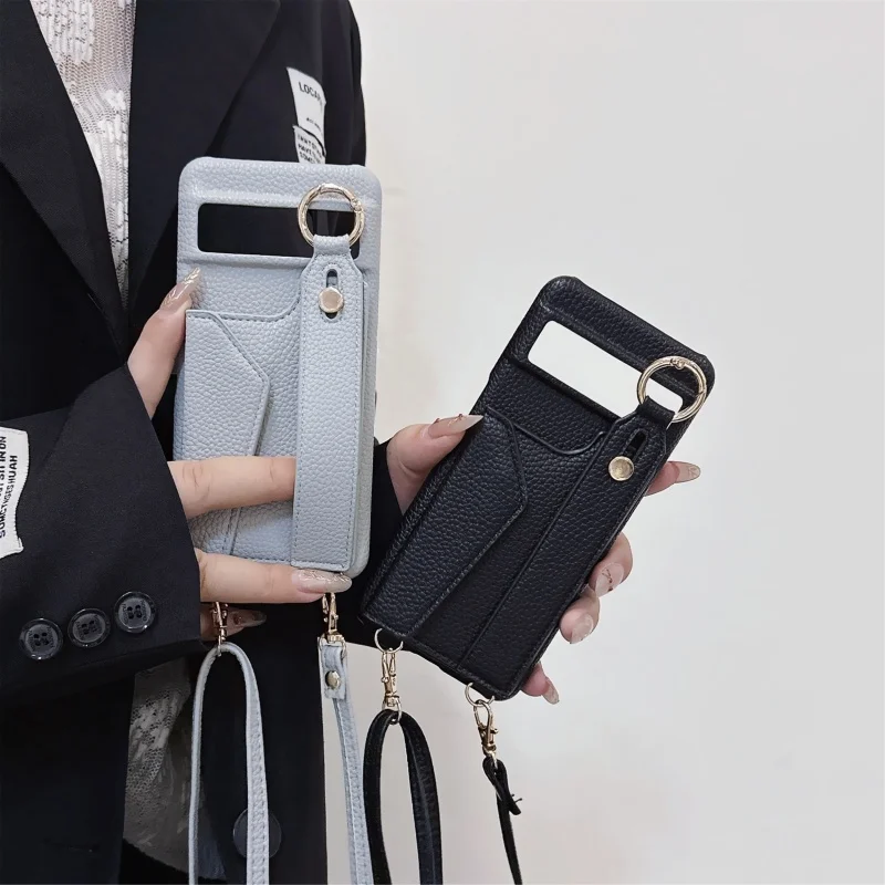

For Google Pixel 8 9 10 Pro XL Case PU Leather Wristlet Card Bag Grip Strap Shoulder Long Crossbody Lanyard Ring Clasp Cover