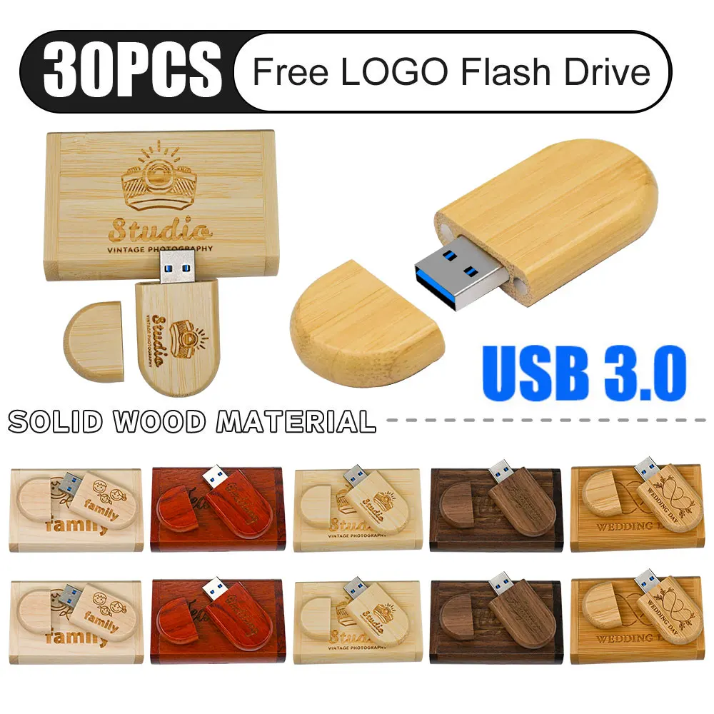 30PCS/LOT Free Custom Logo USB 3.0 Flash Drive 128GB Colorful Wooden Box Memory Stick 64GB Creative Gift Pen Drive 32GB U Disk