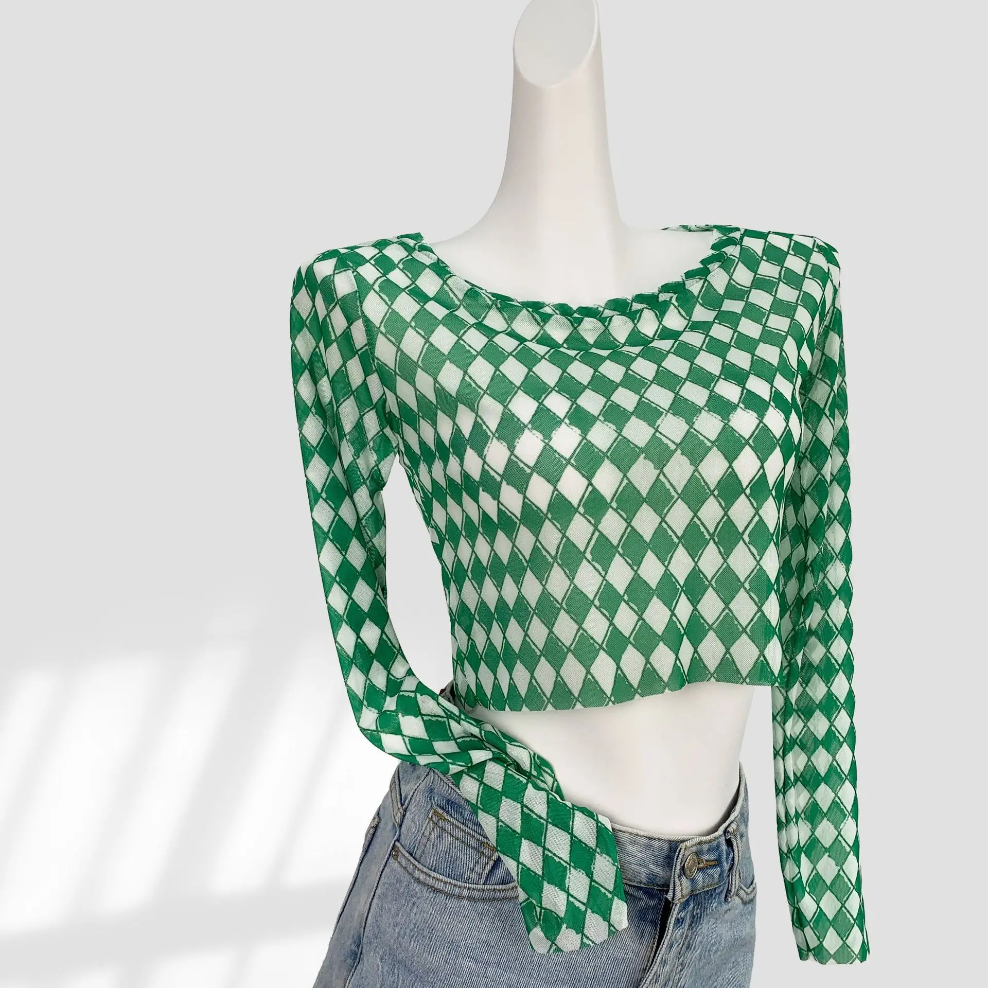 

Bottom Shirt Women's Summer Thin Ice Silk Mesh Green Plaid Long-sleeved T-shirt Spice Girl Waist Top