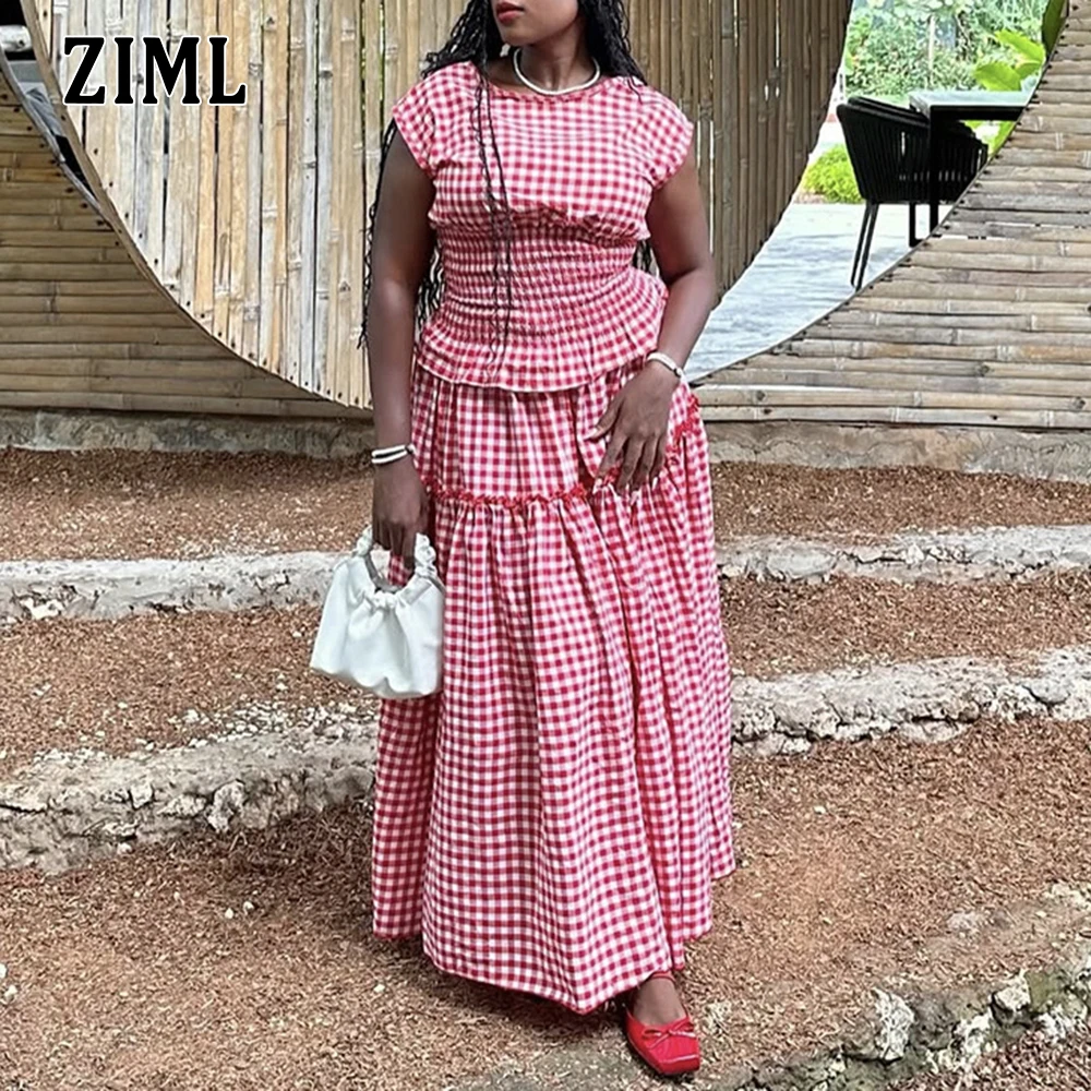 

ZIML Hit Color Grid Two Piece Set for Women Round Neck Short Sleeve Tunic Tops High Waist Long Pants Elegant Set Female Fashion