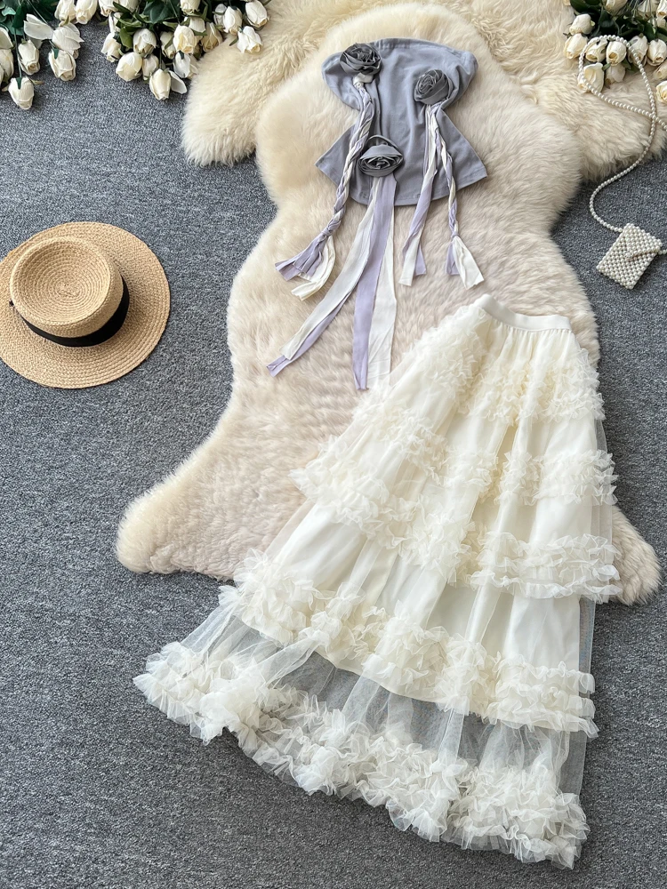 

Elegant High Waist Mesh Cake Skirt Set Women's Slim Fit Style Summer Fashion Two-Piece Suit Sweet Fairy Tale Design